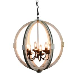 Calder Wooden Orb Shape Chandelier With Metal Chain And Six Bulb Holders, White