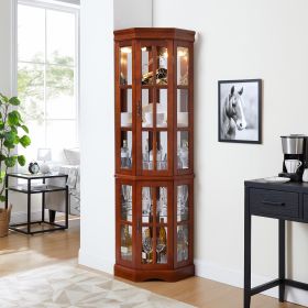 Corner Curio Cabinet with 5 Shelves and Lighting System, Walnut(E26 light bulb not included)