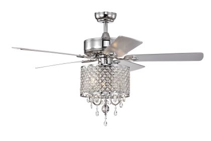 52'' Classical Crystal Ceiling Fan Lamp 3 Speed Hand Pull Chain (High, Mid, Low), 5 Reversible Blades for Living Room, Dining Room, Bedroom